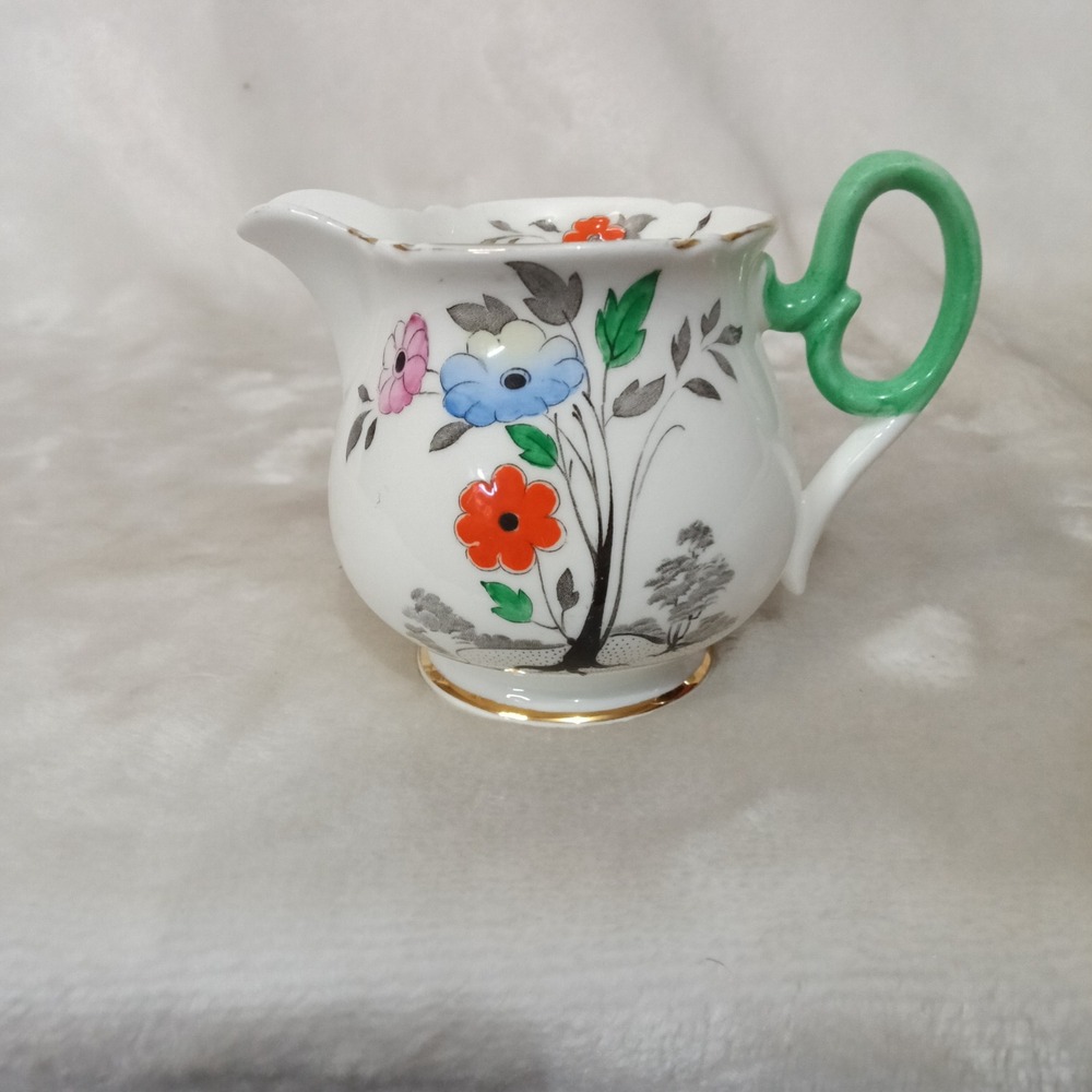 Vintage Shelley England Ideal China Creamer 1932 Floral Tree Art Deco Gilt Wear